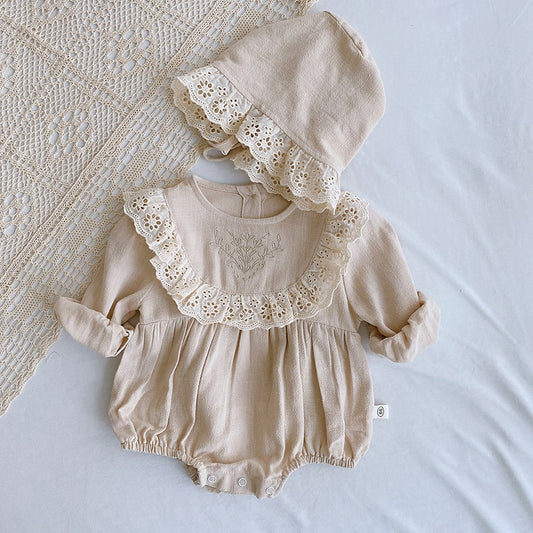 Cotton Romper With Eyelet Peter Pan Collar